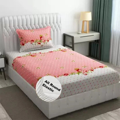 Nt@ub 190 TC Cotton Single Printed Fitted (Elastic) Bedsheet(Pack of 1, Pink White)