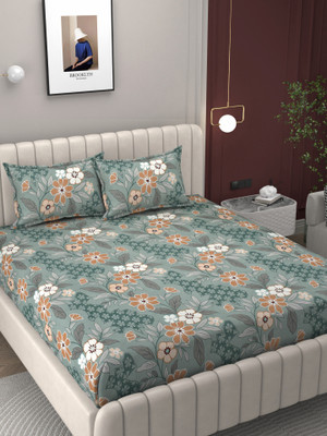 BROMWICK 250 TC Microfiber Double Floral Fitted (Elastic) Bedsheet(Pack of 1, Green)