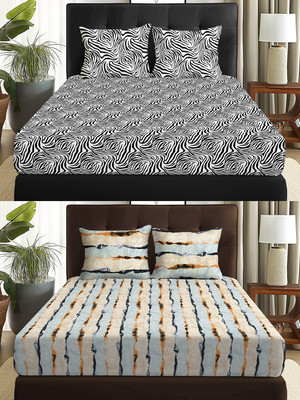Story@home Microfiber Double Flat 180 TC Abstract Bedsheet(Pack of 2, Black, Beige)