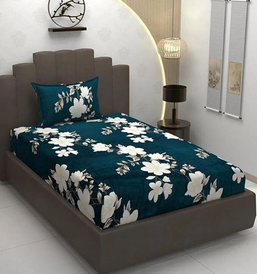 BLUEDOT Fleece Single Fitted (Elastic) 200 TC Floral Bedsheet(Pack of 1, Green)