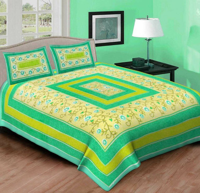 JIN Cotton Double Flat 149 TC Jaipuri Prints Bedsheet(Pack of 3, Green)