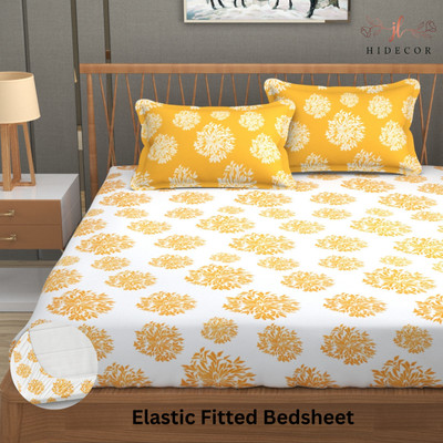 HIDECOR 280 TC Microfiber King Polka Fitted (Elastic) Bedsheet(Pack of 1, White & Yellow)