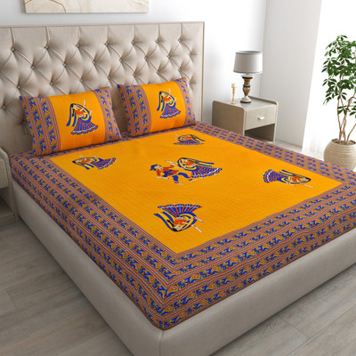 Cosito 144 TC Cotton Double Jaipuri Prints Flat Bedsheet(Pack of 1, Yellow)