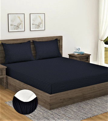Home Sizzler 300 TC Microfiber Double Striped Fitted (Elastic) Bedsheet(Pack of 1, Black)