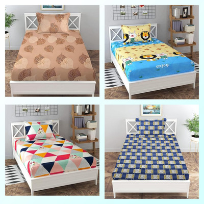 Aarvi styles Cotton Single Flat 104 TC 3D Printed Bedsheet(Pack of 4, Pink, Blue, Grey)