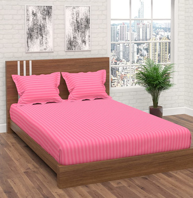 TURIYA Microfiber Double Fitted (Elastic) 180 TC Striped Bedsheet(Pack of 1, Carrot)