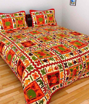 E ELMA 144 TC Cotton Double Jaipuri Prints Flat Bedsheet(Pack of 1, Orange)