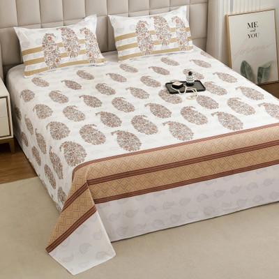 Story@home Cotton King Flat 240 TC Printed Bedsheet(Pack of 1, White, Brown)