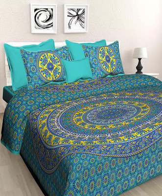 JAIPUR PRINTS Cotton Double Flat 144 TC Jaipuri Prints Bedsheet(Pack of 1, Sea green)