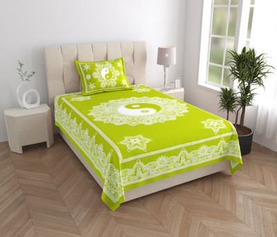 Mandakini 144 TC Cotton Single Jaipuri Prints Flat Bedsheet(Pack of 1, Green)