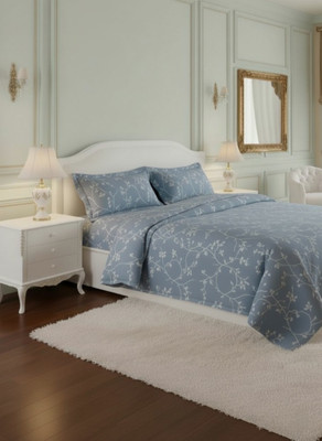 LoomLanes 300 TC Cotton Double Floral Flat Bedsheet(Pack of 1, Leaf Pattern, Pastel Blue)