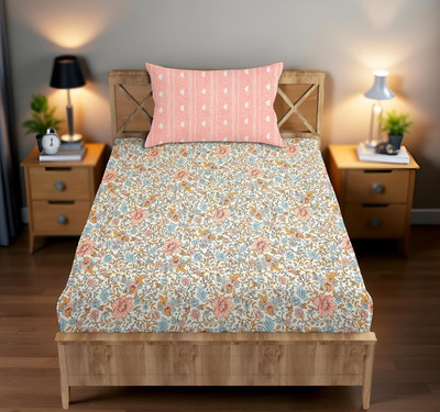 BharatLinen Cotton Single Flat 144 TC Printed Bedsheet(Pack of 1, Pink with white stripes)