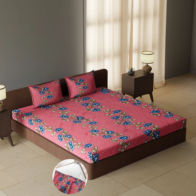 CARLTON LONDON 104 TC Cotton Queen Geometric Fitted (Elastic) Bedsheet(Pack of 1, Multicolor88)