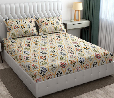 RRC 144 TC Cotton Queen Jaipuri Prints Fitted (Elastic) Bedsheet(Pack of 1, Cream, Green)
