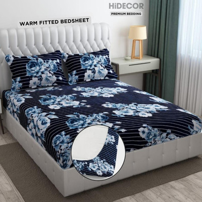 HIDECOR 350 TC Woolen King Printed Fitted (Elastic) Bedsheet(Pack of 1, Blue)