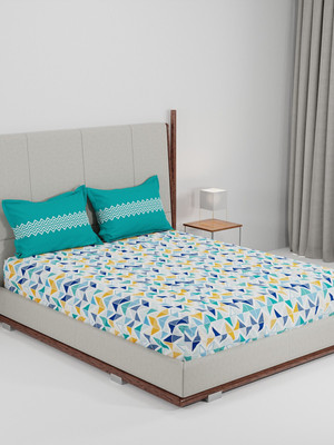 MYTRIDENT Cotton Queen Flat 144 TC Floral Bedsheet(Pack of 1, Trippy Triangles Blue)