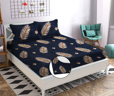 Decorzilla Microfiber Double Fitted (Elastic) 180 TC Floral Bedsheet(Pack of 1, Black)