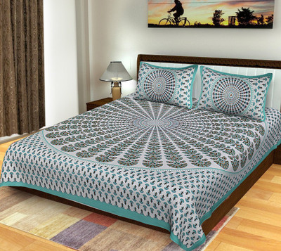 Indian Royal Fashion Cotton Double Flat 250 TC Jaipuri Prints Bedsheet(Pack of 1, Green)