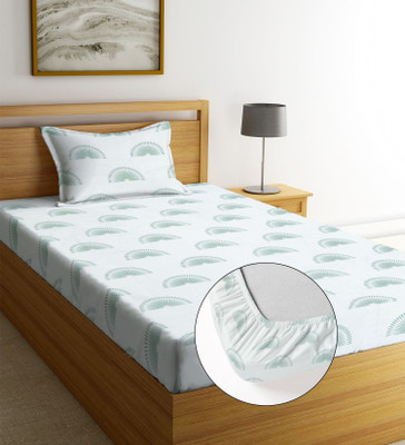 Shruvis Ekart Cotton Single Fitted (Elastic) 240 TC Printed Bedsheet(Pack of 1, White, Green_Sunflower)