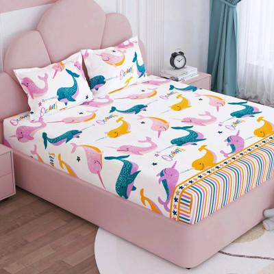 Story@home Microfiber Double Flat 180 TC Printed Bedsheet(Pack of 1, Baby Pink & Yellow)