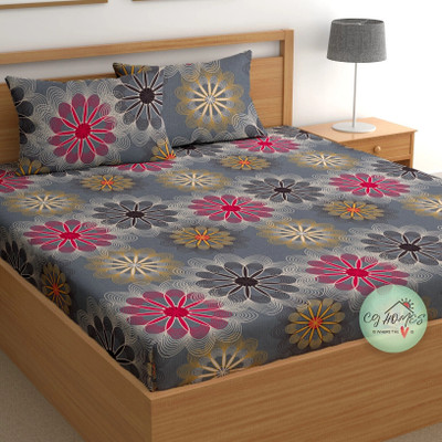 CG Homes 180 TC Cotton Double Printed Flat Bedsheet(Pack of 1, Grey Multi)