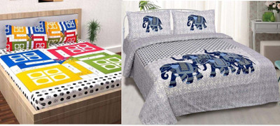 PALANG SHOBHA Cotton Double Flat 240 TC Jaipuri Prints Bedsheet(Pack of 2, Multicolor, GREY & BLUE)