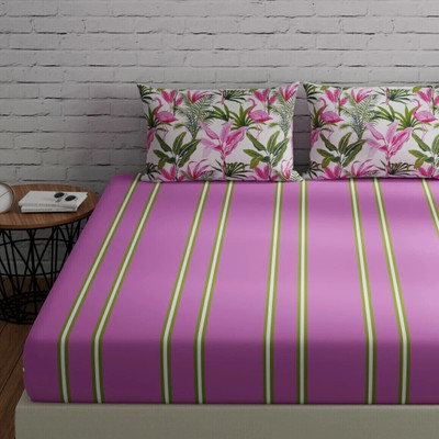 Huesland Cotton Double Flat 144 TC Striped Bedsheet(Pack of 1, Stripes & Flamingo - Pink & Green)