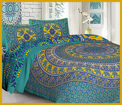 JAIPUR PRINTS Cotton Double Flat 144 TC Jaipuri Prints Bedsheet(Pack of 1, Sea green)