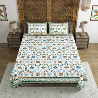 Blocks Of India Cotton Double Flat 200 TC Floral Bedsheet(Pack of 1, Green)