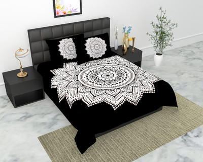 E ELMA 144 TC Cotton Double Jaipuri Prints Flat Bedsheet(Pack of 1, Black)