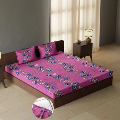 CARLTON LONDON Cotton Queen Fitted (Elastic) 104 TC Geometric Bedsheet(Pack of 1, Multicolor92)