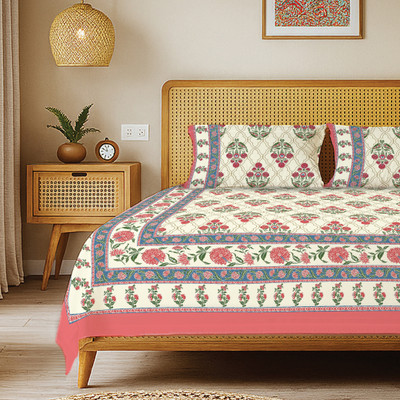 Urban Space Cotton King Flat 240 TC Floral Bedsheet(Pack of 1, Beige, Pink)
