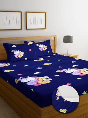 tarain collection 210 TC Cotton Double Printed Fitted (Elastic) Bedsheet(Pack of 1, Blue & Unicon)