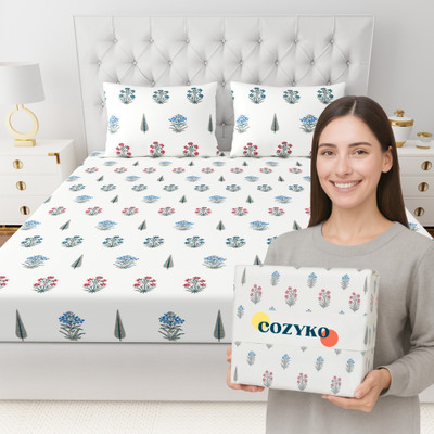 COZYKO 280 TC Cotton Super King Jaipuri Prints Flat Bedsheet(Pack of 1, Blue)