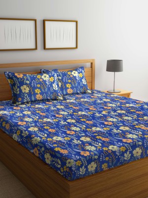 Arrabi 300 TC Polycotton Super King Floral Flat Bedsheet(Pack of 1, Blue)