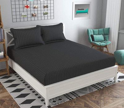 RUSTIC LINEN 144 TC Microfiber Double Striped Flat Bedsheet(Pack of 1, Grey)
