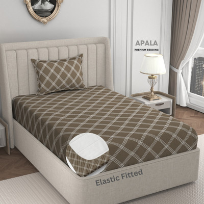 Apala 280 TC Microfiber Single Geometric Fitted (Elastic) Bedsheet(Pack of 1, Beige)
