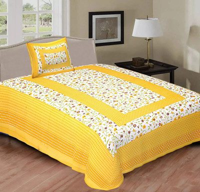 Leo Creation Cotton Single Flat 144 TC Jaipuri Prints Bedsheet(Pack of 1, Yellow, Green, Beige, Brown, Orange)