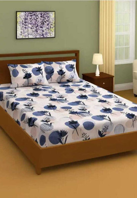 OLDENNA Microfiber Double Flat 180 TC Geometric Bedsheet(Pack of 1, White, Blue)