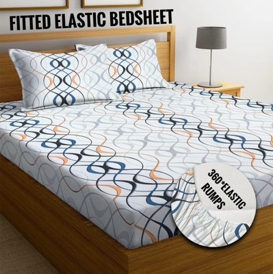 Rumps 220 TC Cotton King Printed Fitted (Elastic) Bedsheet(Pack of 1, Grey)