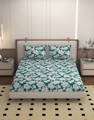 BROMWICK Microfiber Double Flat 250 TC Floral Bedsheet(Pack of 1, Green)