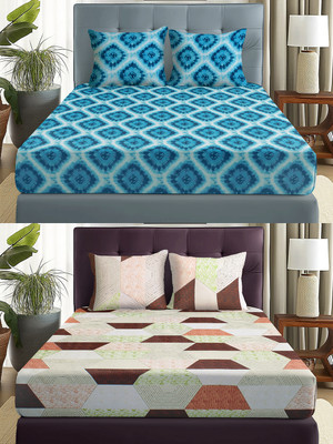 Story@home Cotton Double Flat 144 TC Printed Bedsheet(Pack of 2, Blue, Peach)
