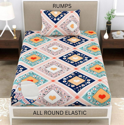 Rumps 350 TC Cotton Single Printed Fitted (Elastic) Bedsheet(Pack of 1, PINK DIL)