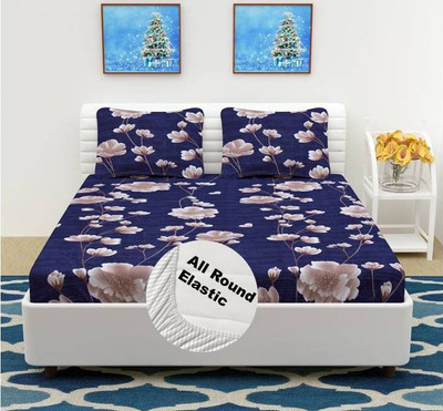 sabhya creation Cotton King Fitted (Elastic) 180 TC Printed Bedsheet(Pack of 1, Blue)