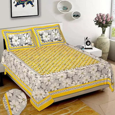Poorak 104 TC Cotton Double Jaipuri Prints Flat Bedsheet(Pack of 1, Floral Yellow)