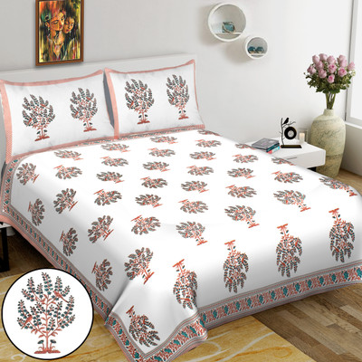 RAJDEVI JAIPUR PRINTS 451 TC Cotton King Printed Flat Bedsheet(Pack of 1, White)
