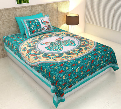 Cosito 144 TC Cotton Single Jaipuri Prints Flat Bedsheet(Pack of 1, Green)