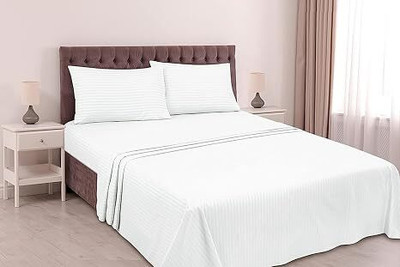 LivSpacey Cotton, Satin Super King Flat 300 TC Striped Bedsheet(Pack of 1, Bedsheet + 2 Pillow Covers Set for Hotels, Guest House Use(108x108 inch White)