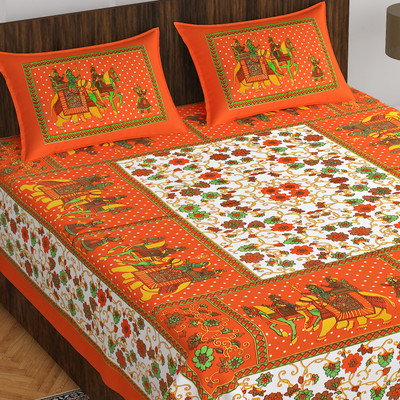 Pink City 144 TC Cotton Double Jaipuri Prints Flat Bedsheet(Pack of 1, Orange)