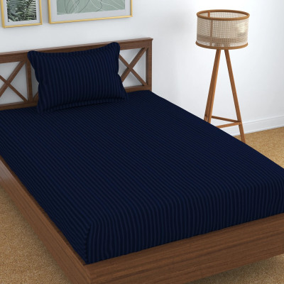 Homefab India Cotton Single Flat 140 TC Striped Bedsheet(Pack of 1, Navy Blue)